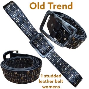 Old Trend women's aged black / brown leather multicolored metal studded belt